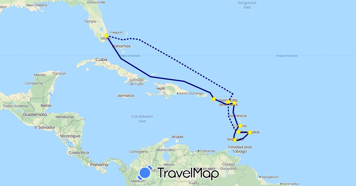 TravelMap itinerary: driving in Antigua and Barbuda, Barbados, Grenada, Saint Kitts and Nevis, Saint Lucia, United States, Saint Vincent and the Grenadines, U.S. Virgin Islands (North America)